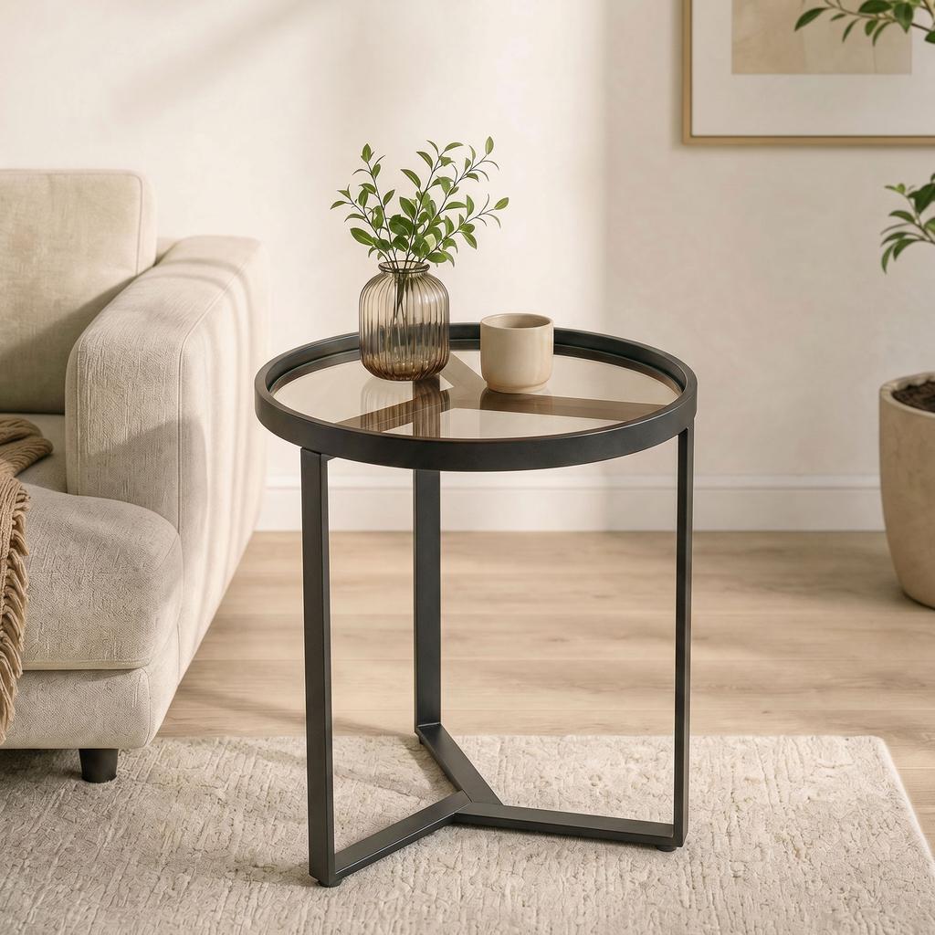 Round Side Table with Tempered Glass Top and Geometric Metal Frame for Small Space, Black