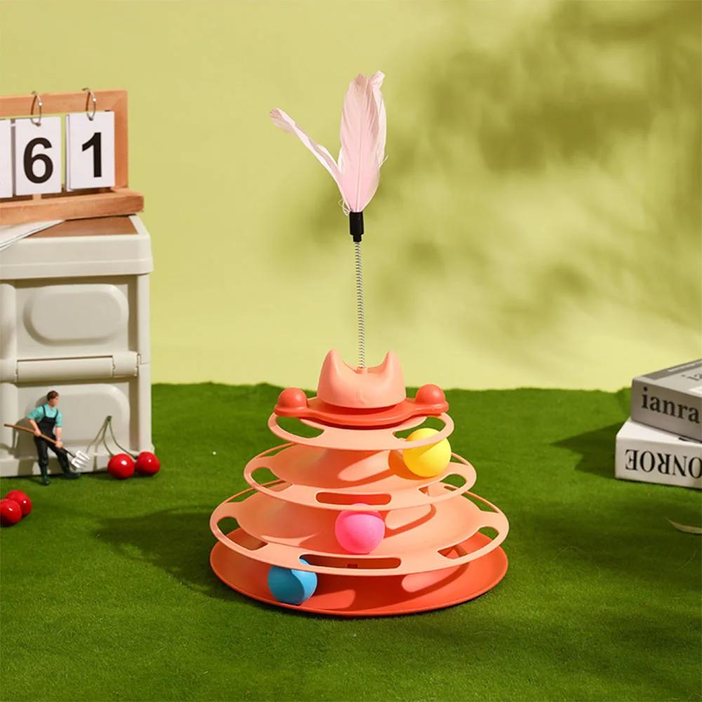 

Интерактивная башня, игрушки для кошек, поворотный стол, роликовые шарики, игрушки для кошек, котенок, перо, головоломка, трек, игрушка, товары для животных, 4 слоя оранжевый