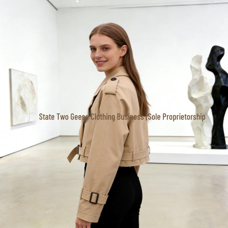 European & American Style Women's Belted Long Sleeve Short Windbreaker Jacket for Spring/Autumn