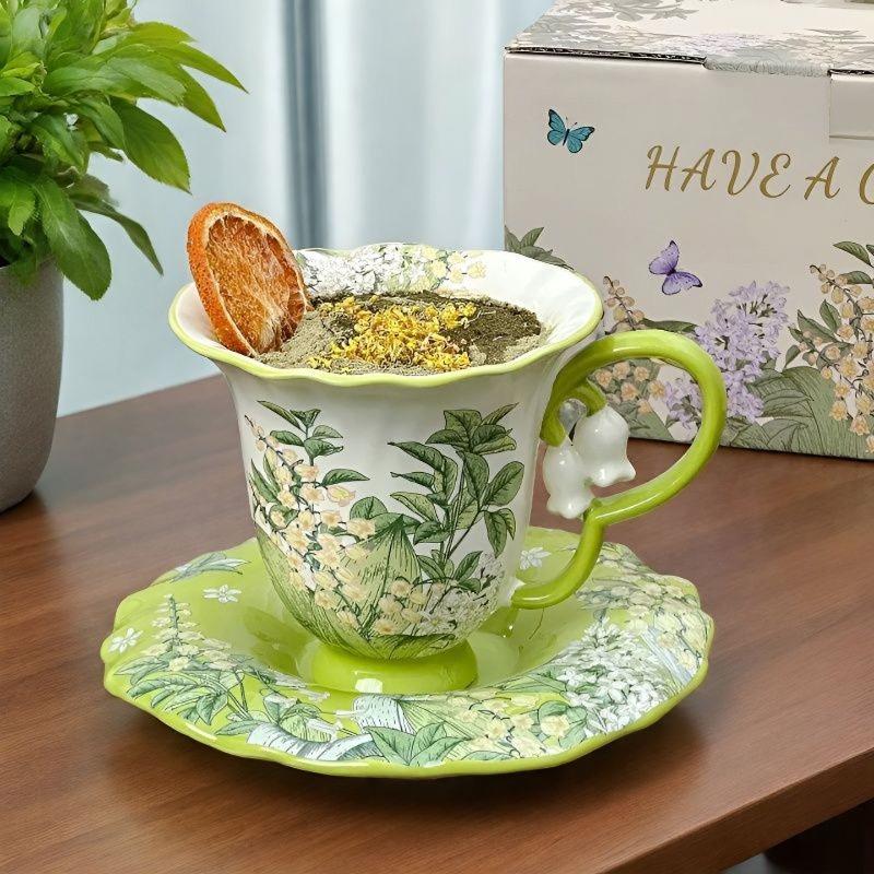 Ceramic Lily of The Valley Coffee Cup and Saucer Green Flower Mug Exquisite Afternoon Tea Flower Tea Coffee Cup Breakfast Mug 330ml