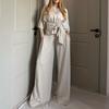 European and American Women's Clothing New Round Neck Short Sleeve Side Belt Waist Top High Waist Wide Leg Pants Casual Suit