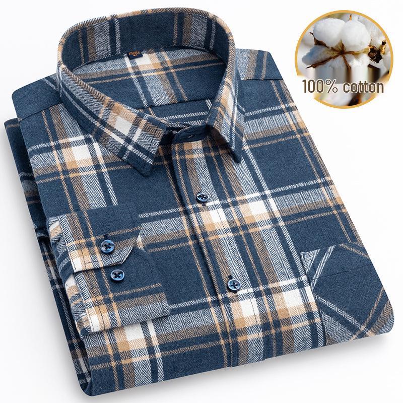 New Men's Plus Size Brushed Cotton Plaid Long Sleeve Shirt for Middle-Aged & Elderly with Straight Hem