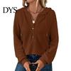 Waffle Knit Pullover Women Fall Winter Top Hooded Loose Buttons Drawstring Hoodie Pure Color Long Sleeves Daily Wear Sport Blouse