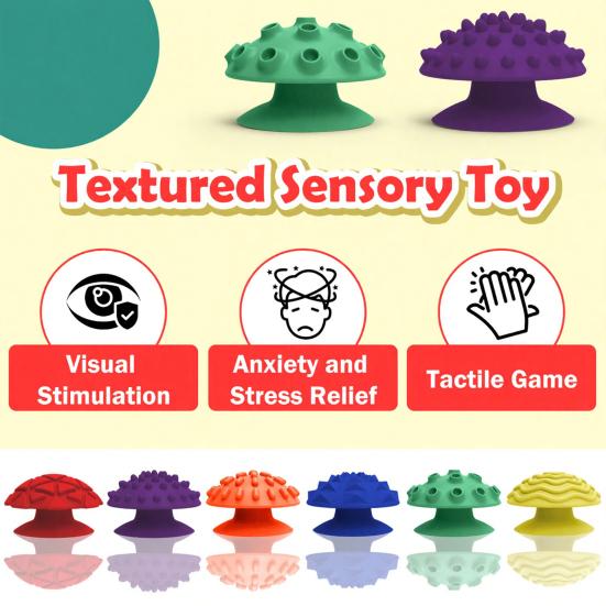 6Pcs/Set Silicone Textured Mushroom Sensory Toy with Suction Cup Anxiety Stress Relief Sensory Stone Mini Textured Worry Stone Fidget Toy