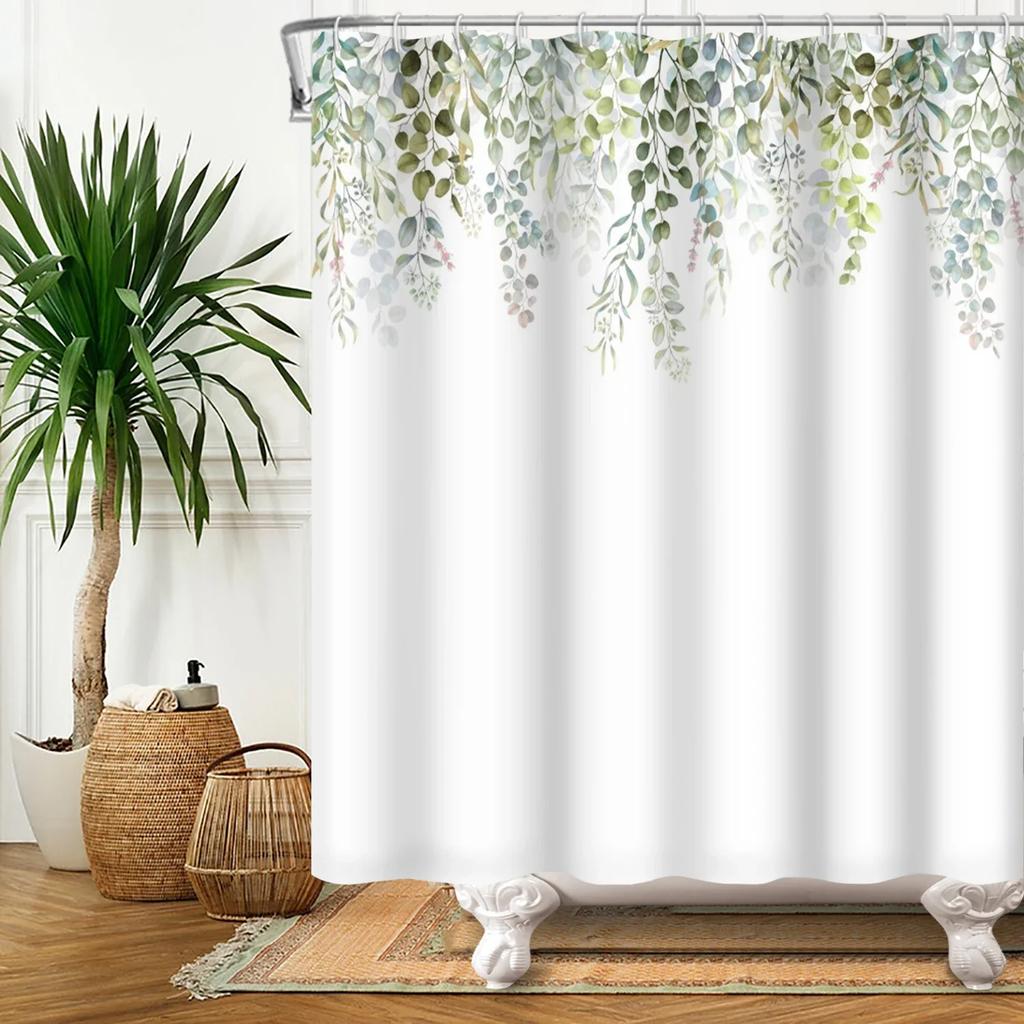 Watercolor Green Leaf Shower Curtain for Bathroom Vines Plant Nordic Minimalist Polyester Botanic Curtain for Home Hotel 180x240