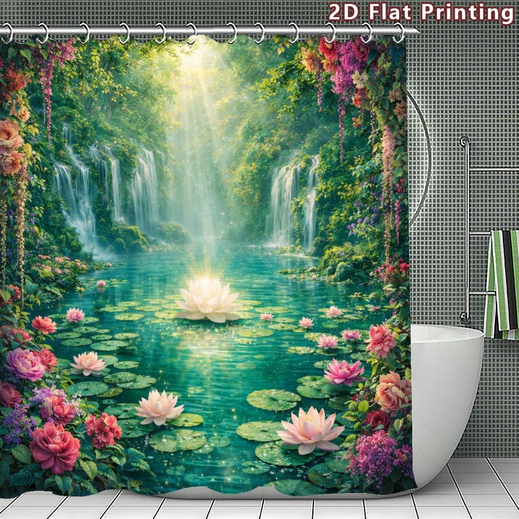4Pcs 2D Flat Enchanted Waterfall Shower Curtain Set with Non-Slip Bath Mat, Toilet Lid Cover, Contour Rug & 12 Hooks, Bathroom Decor