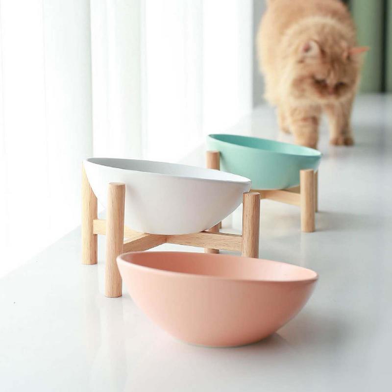 Raised Tilted Cat Bowl Spill Proof Ceramic Dog Dishes Anti Vomit Pet Bowl With Wood Stand Non Slip Dog Food Container For