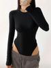 Würziges Mädchen Enganliegender Langarm-Bodysuit mit Rundhalsausschnitt: Damen Plüsch, Eng, Sexy, Basic Unterhemd