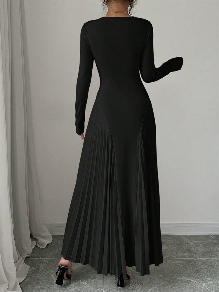 Autumn Winter Simple Solid Color Knitted Dress Women O Neck Long Sleeve Pleated Office Dresses Elegant Slim Robe Dress
