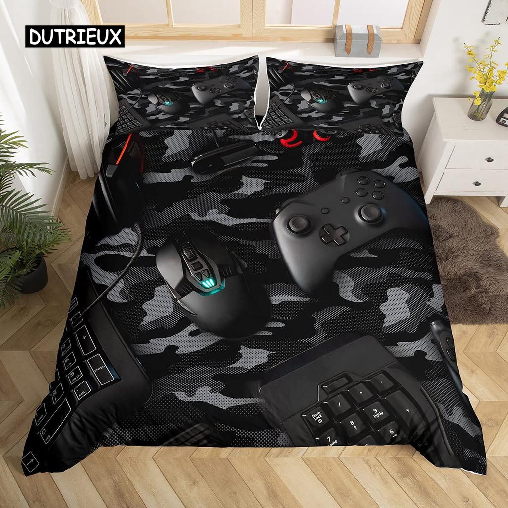 Gamepad Duvet Cover Set Queen Video Game Twin Bedding Set Microfiber Green Cartoon Gamer Pattern Electronic Theme Quilt Cover