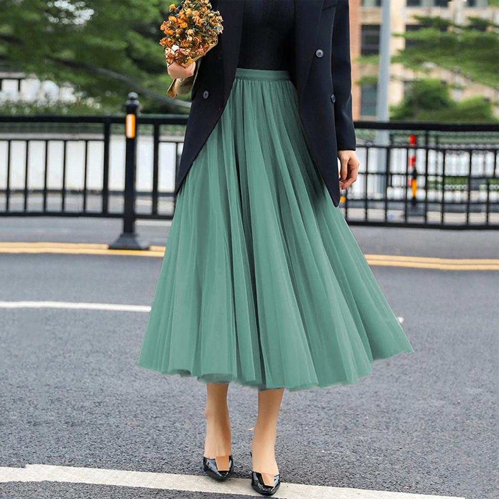 Women's Fashionable Color Loose Mesh Skirt, Elastic High Waist Large Swing Skirt, Pleated Skirt