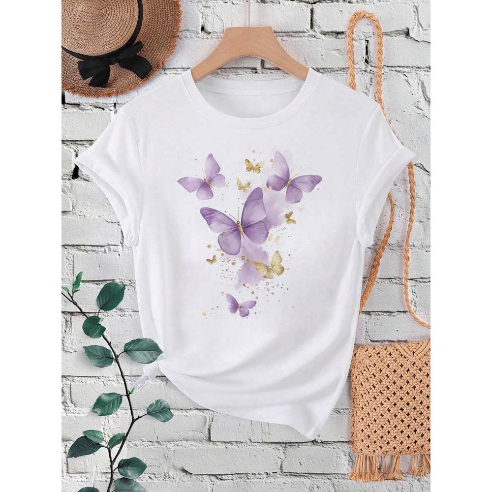 Fashion Purple Butterfly Print Women T-Shirt Summer Casual Short