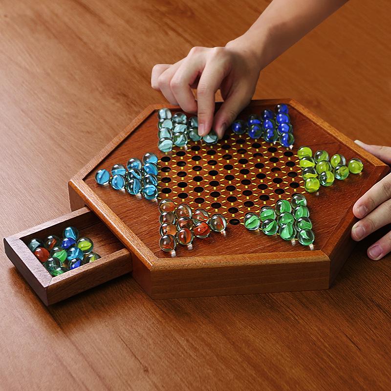 Großes Holz-Dame- und Schachspiel mit Achatkugeln - Ideal für Erwachsene und Eltern mit Kindern