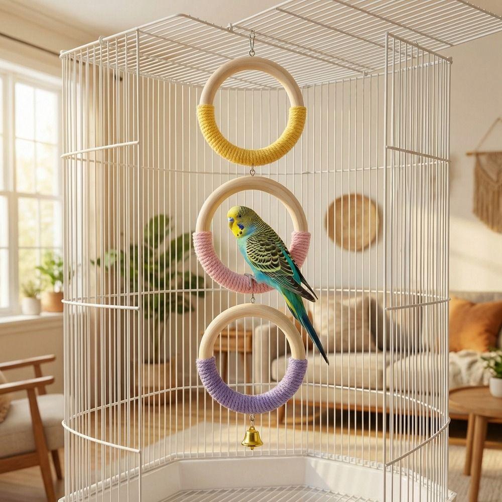 With Bell Bird Swing Toy Wood Hanging Parrot Ring Toy Bird Cage Perch  Climbing Play