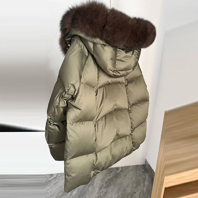 Winter new fox fur collar hooded white goose down jacket women's short loose thickened warm fur jacket