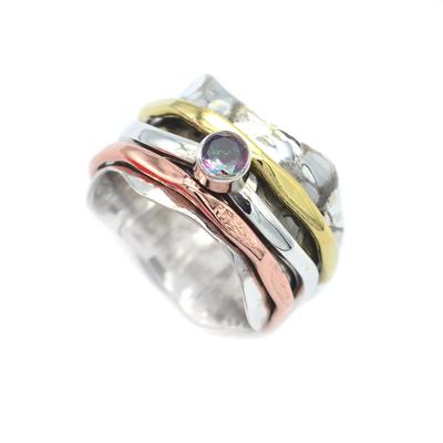Silver Brass Ring Solid Sprinner Thumb Stone Ring Natural Mystic Topaz Gemstone 6.5 Gms