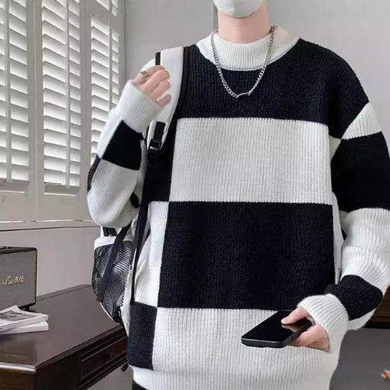 Men's Round Neck Color-Block Sweater - Trendy Knitwear Pullover for Autumn/Winter