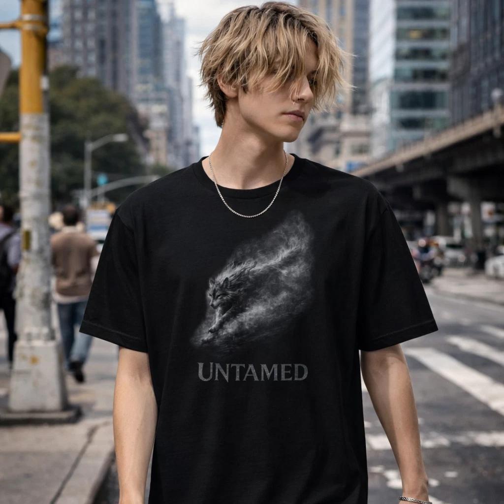 Shinora Untamed Wolf Graphic T-Shirt Men Streetwear Black Cotton Size M 4XL