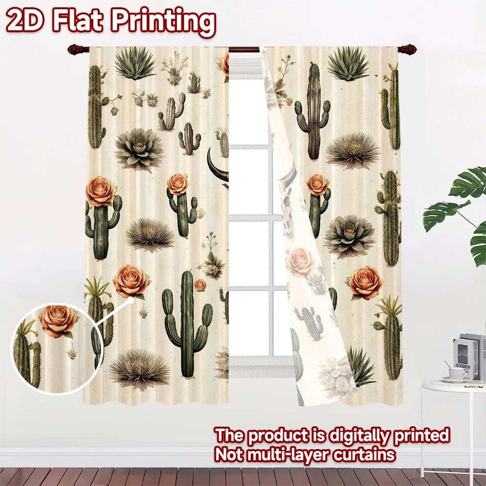 2D FLAT PRINTING 2pcs Curtains (Without Rod) Western Cacti and Roses Creative Chic Curtains Versatile Durable Polyester Curtains