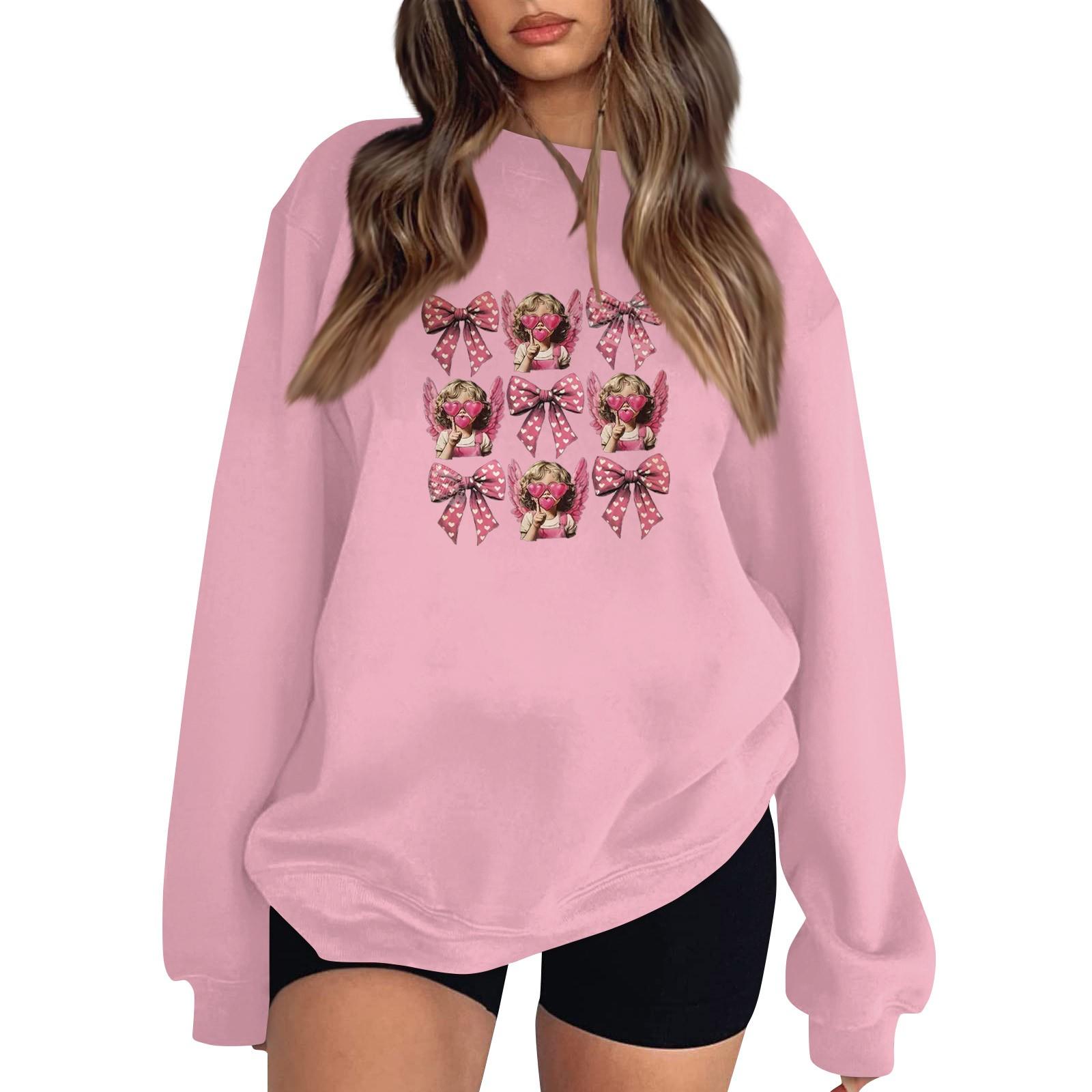

Women s Fashion Long Sleeve Loose Bowknot Printed Round Neck Sweatshirt XXXL рожевий