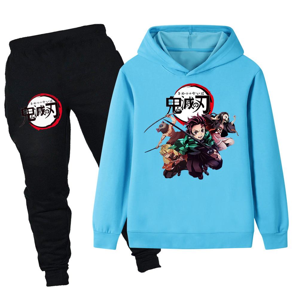 PB095 Kids Boys Girls Kimetsu No Yaiba Print Long Sleeves Hoodie Pants Trousers Clothes Sets