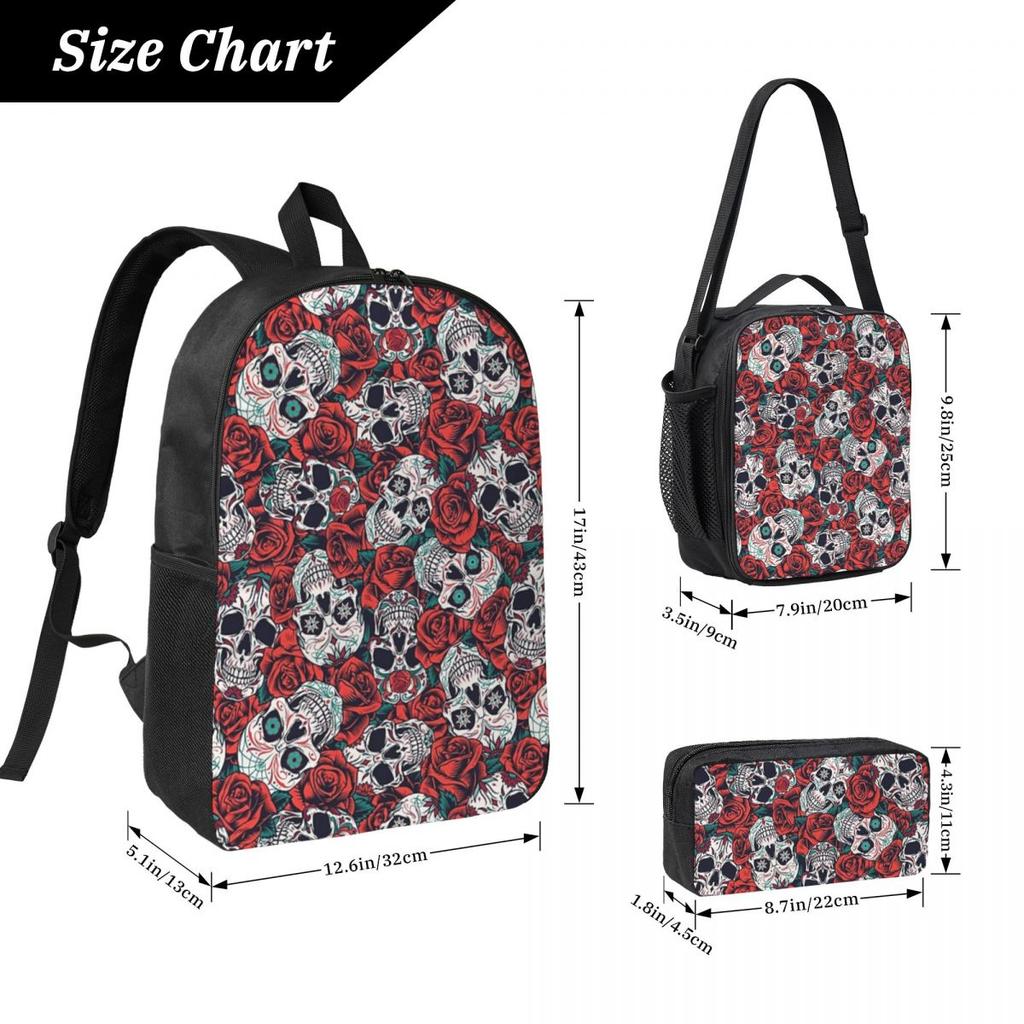 Vintage Floral Skull Roses Backpack Student BookBag School Bag Computer Shoulder Bags 3ps Insulated Lunch Bag Pencil Case