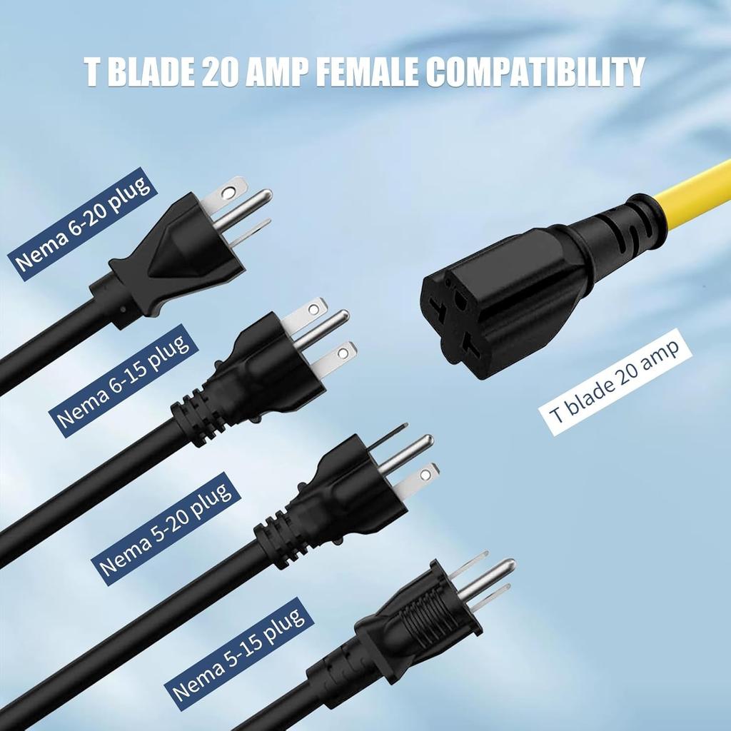 12AWG Heavy-Duty Adapter Cord 1FT/32CM Nema 5-15P to 5-20R/6-15R/6-20R 15A 12