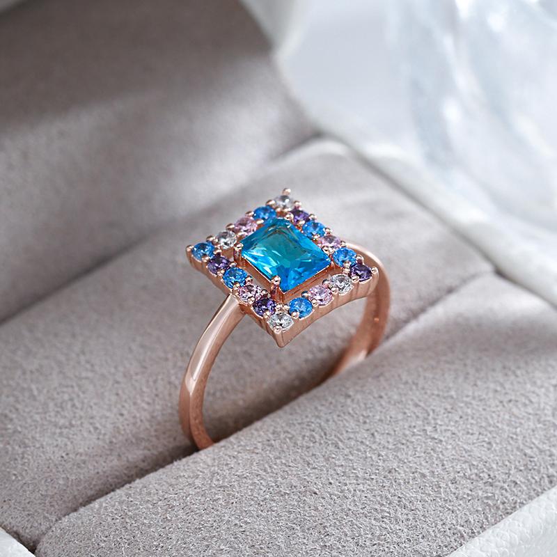 Kienl Neuer quadratischer Ring in Roségoldfarbe für Damen mit blauem natürlichem Zirkon, ethnischer Brautring, hochwertiger täglicher Schmuck, Geschenke