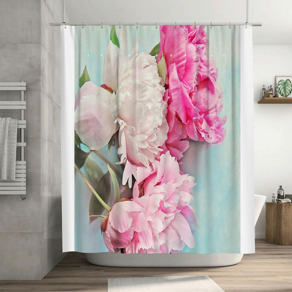 Pink Peony Flower Shower Curtain Botanical Floral Print Bathroom Decor Vintage Rustic Farmhouse Washable Curtains