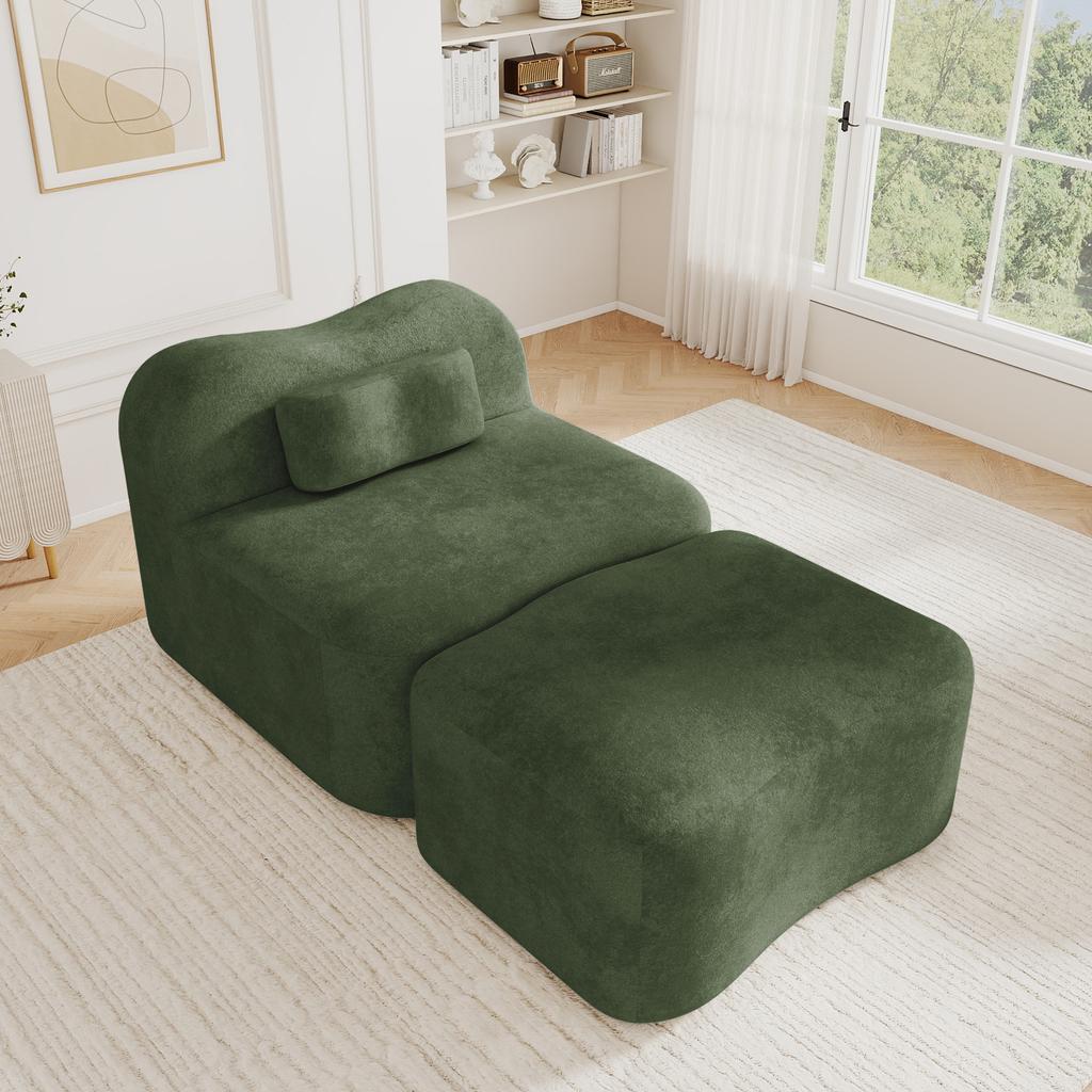 Modular Frameless Sofa with Ottoman, Wave Design, 32D Foam Filling, Movable Back Cushion, Soft Fabric, for Apartment, Living Room and Bedroom, Green