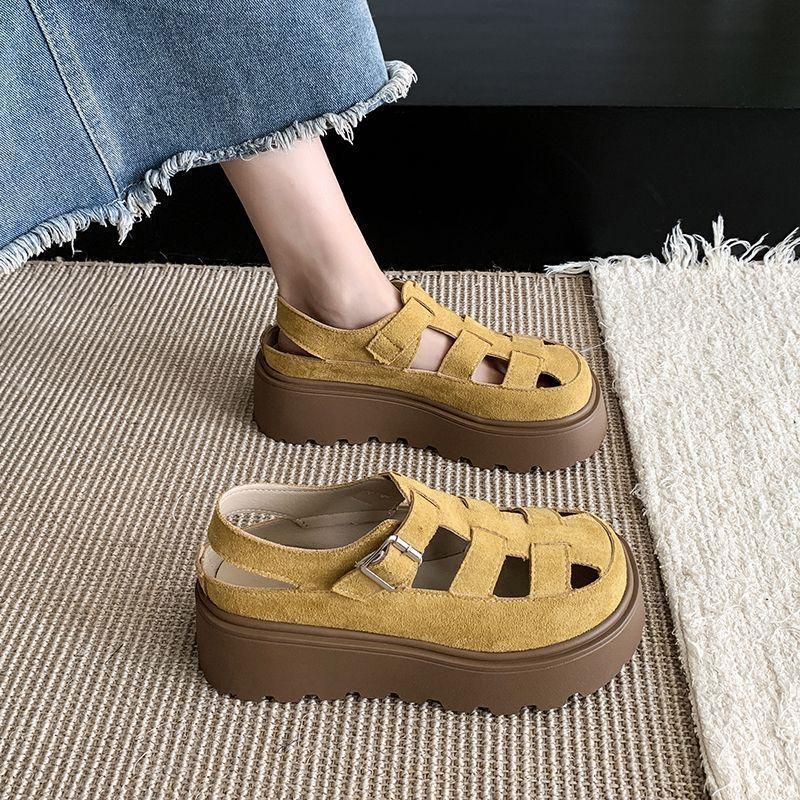 Muffin Thick-soled Heightening Baotou Sandals Women's 2025 New Summer Roman Shoes Small Pig Cage Shoes Loafers