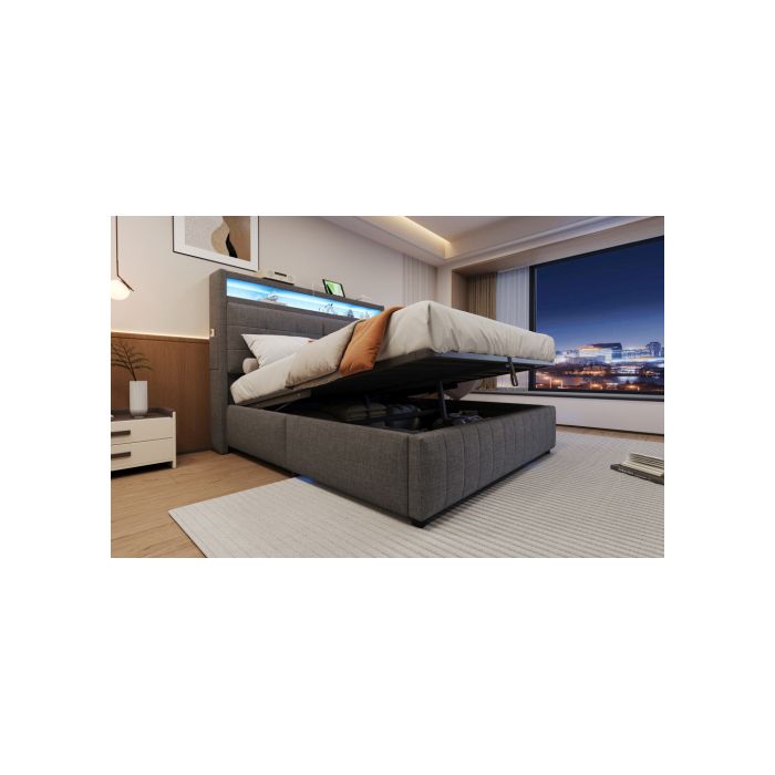 Lit Capitonné 160x200 Cm - MUVOE - Tête De Lit Avec Éclairage LED - Prise USB - Rangement Intégré