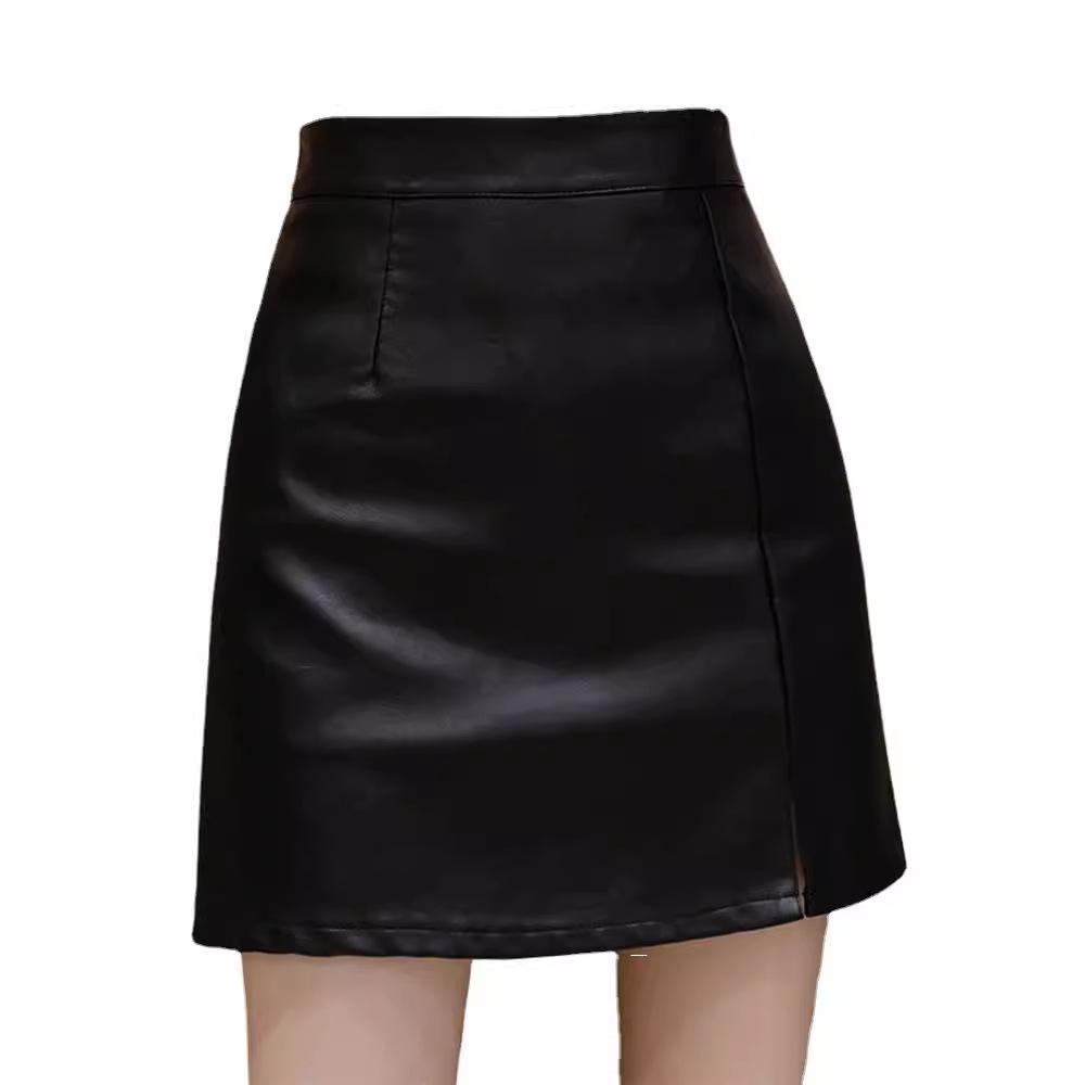 Women's High-Waist PU Leather A-Line Skirt - Black Slit Short Skirt for Autumn/Winter