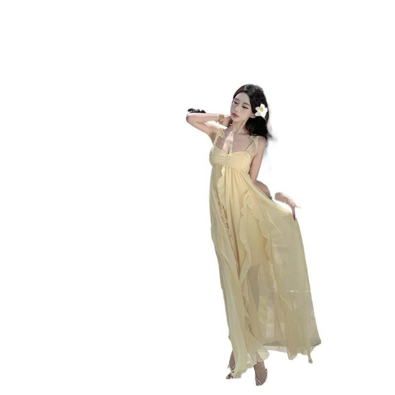 Französisches Gelbes Hosenträger-Tube-Top-Kleid Damen Sommerurlaub Unregelmäßiger Langer Strandrock