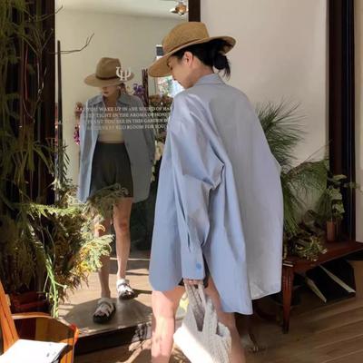 Women's Oversized Blue Long-Sleeve Korean Hiphop Shirt - Casual, Lazy Style for Spring & Autumn