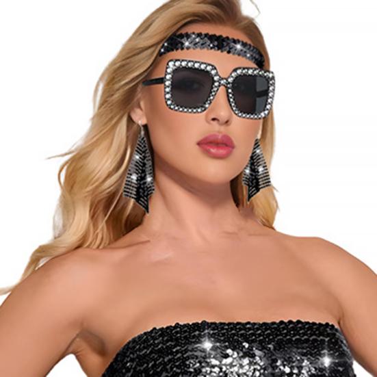 Women Hippie Costume Accessories Sequin Jewelry Set Earrings Glasses Headband Bracelet Disco Party Outfits 1970s Prom Bling Decor