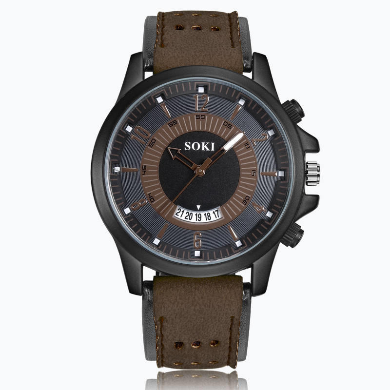 Men Leather Strap Calendar Quartz Watch Sports Wristwatch