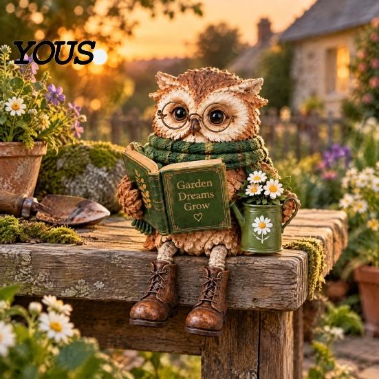 Owl Figurines for Bookshelf 2Pcs Reading Resin Figurines, Sitting Edge Statue with Glasses Cute Animal Statues Mantel & Book, Vintage Rustic