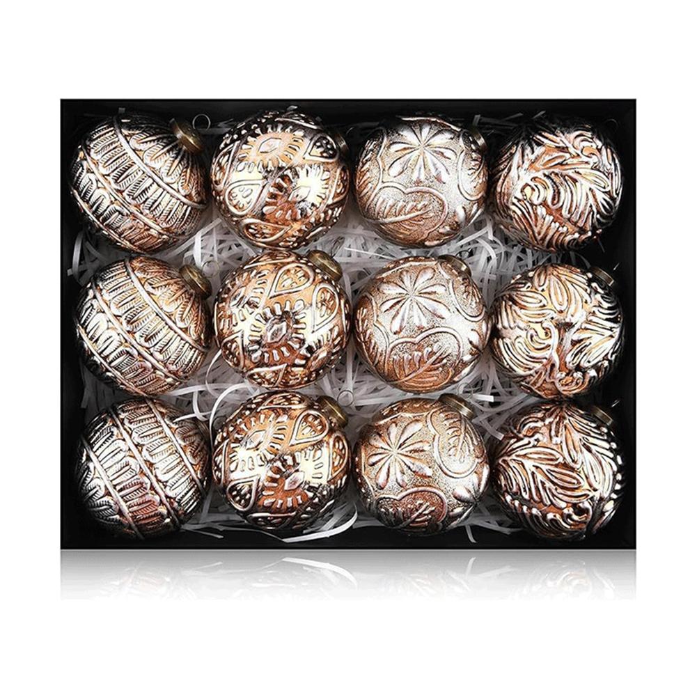 Set Of 12 Rustic Vintage Christmas Tree Hanging Balls, 80mm Gold White Ornaments For Holiday & Party Decor