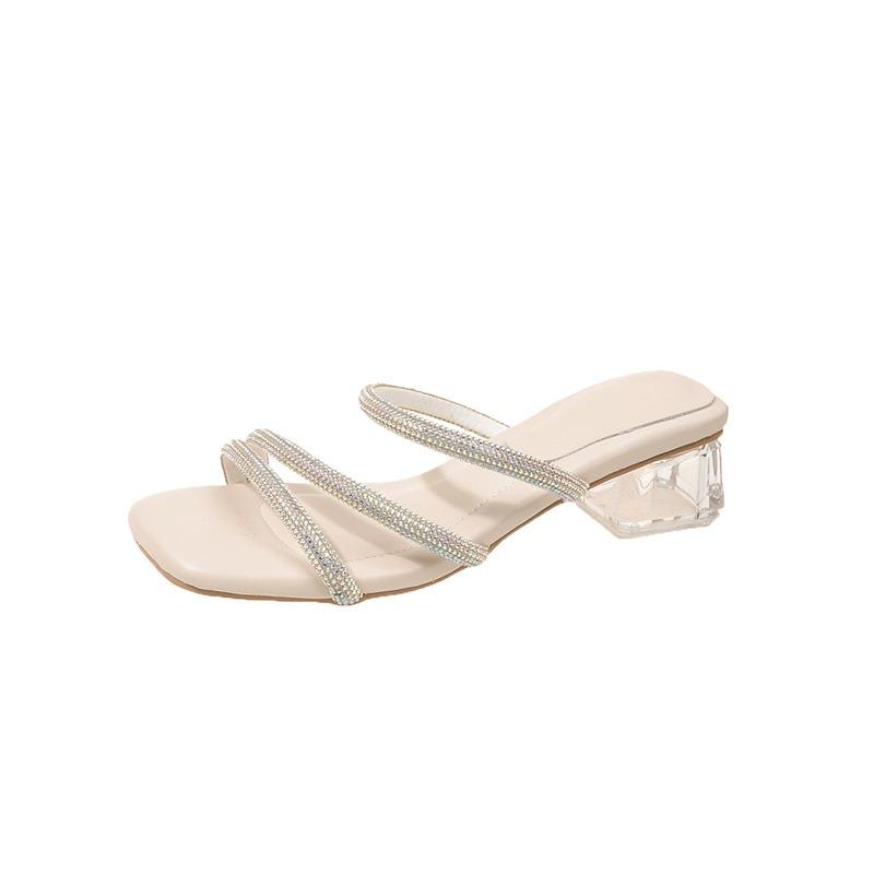 Rhinestone Transparent Crystal and Cool Slippers for Women In Summer, Thick Heel, Medium Heel, One-word Drag for Women