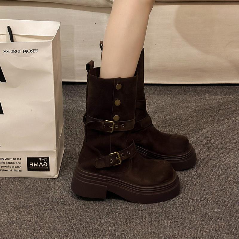 

Модные женские осенне-зимние новые коричневые ботинки на толстой подошве, двусторонние, с внутренней платформой, маленькие и средние ботинки 39 темно-коричневого