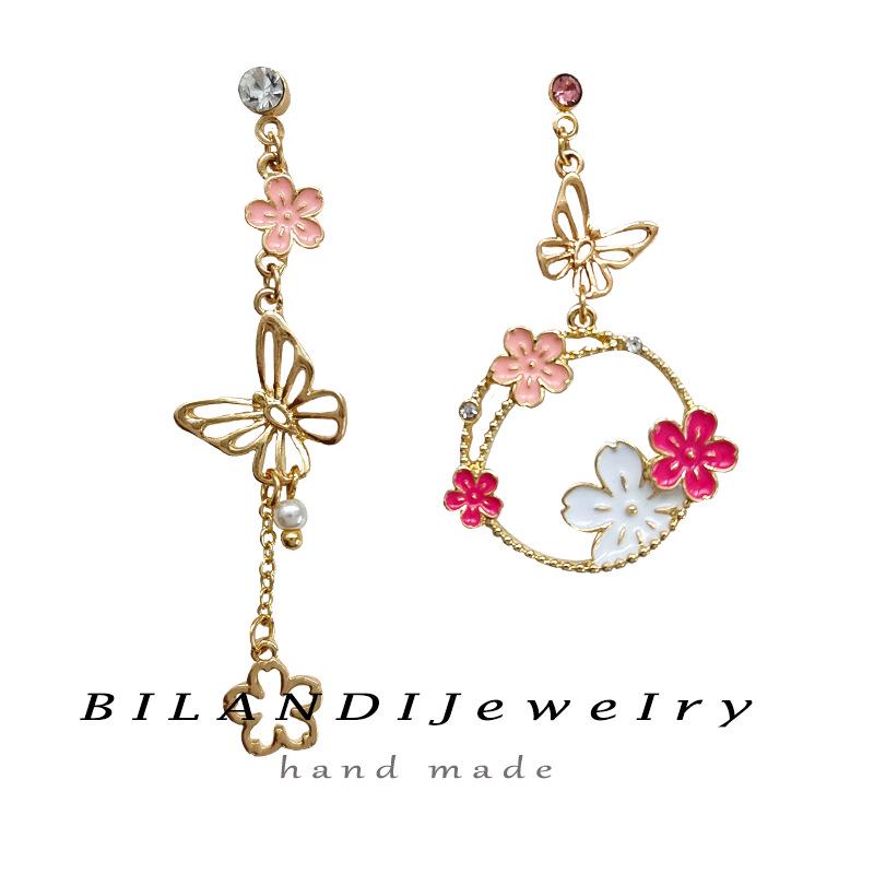 

S925 Silver Needle Rhinestone Flower & Butterfly Asymmetrical Earrings