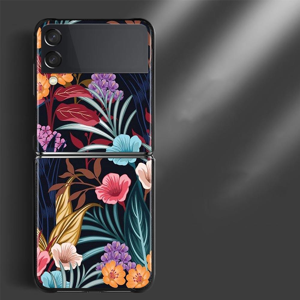 Phone Case For Samsung Galaxy Z Flip3 5g Back Pc Case For Samsung Z Flip Capa Black Shell Hard Fundas Vintage Banana Leaf Flower