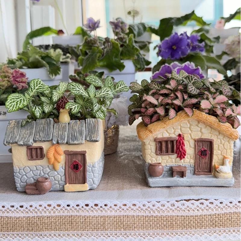 Vintage Rustikaler Harz-Blumentopf Haus für Sukkulente Pflanzen, Mini-Gartendekor im Landhausstil