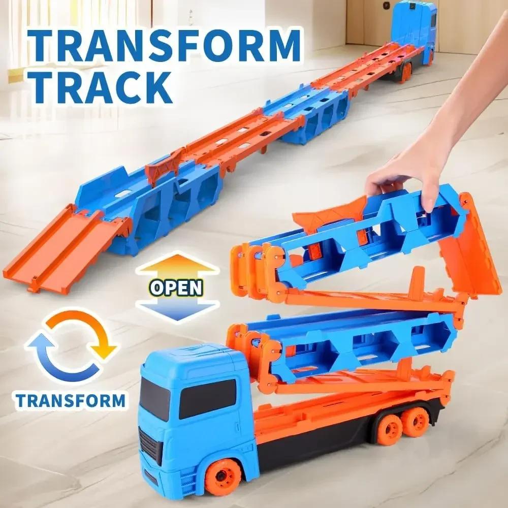 Transport Truck Toy 65-Inch Foldable Toddler Car Carrier for Boy Girl 9 in 1 Race Track and Die-Cast Truck Race Car Gift Vehicle