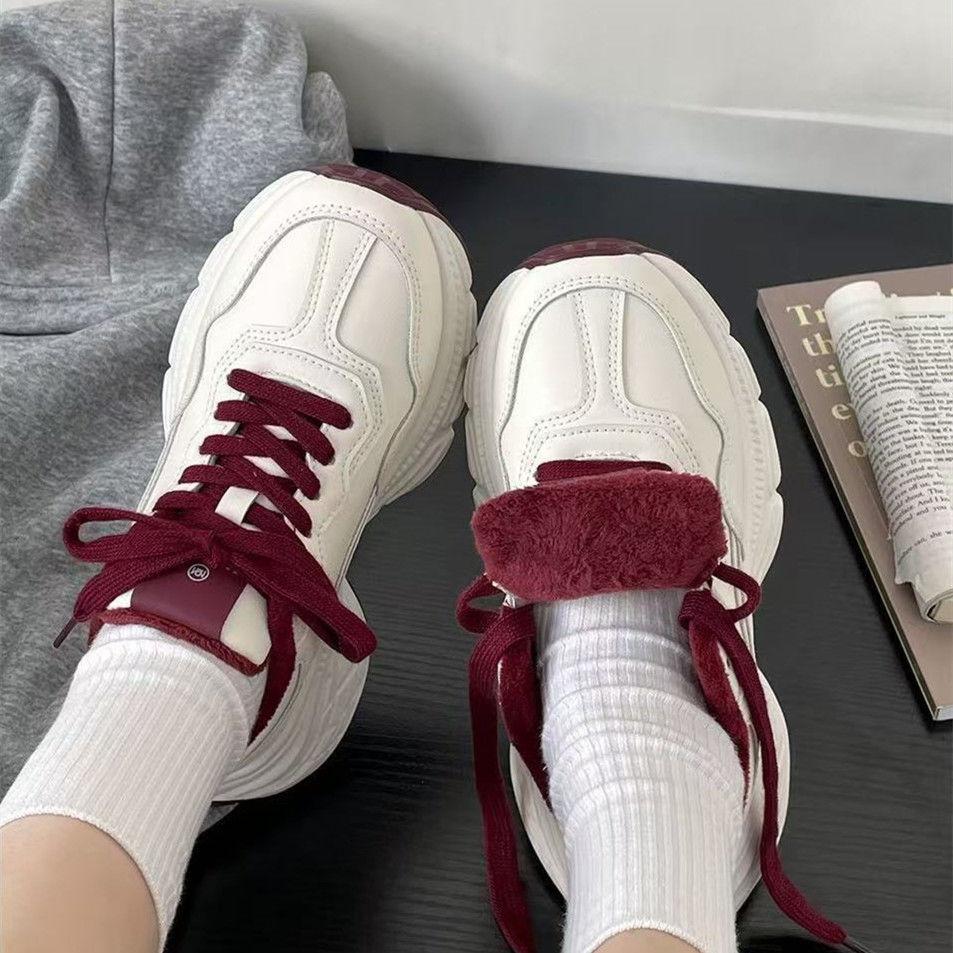 Fleece Leather Surface Shows Feet Little Dad Shoes Women's Autumn and Winter New Niche Retro Hong Kong Style Platform Running Shoes