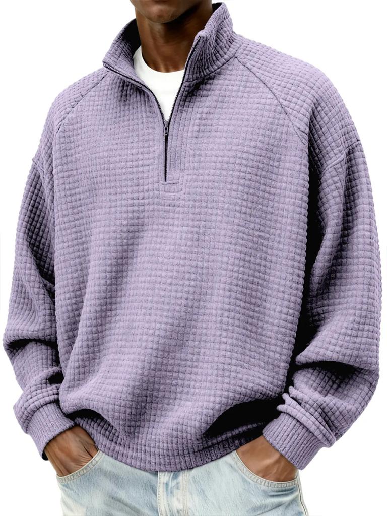 Men's Vintage Check Textured Zip Sweatshirt Stand Collar Long Sleeve Casual Pullover