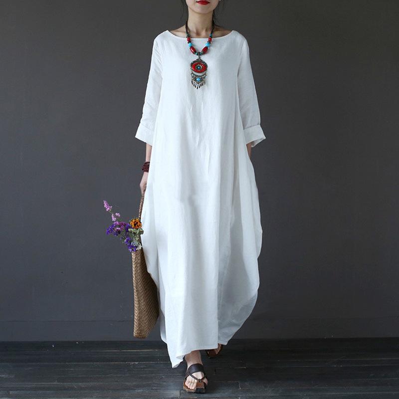 2024 European & American Style Women's Loose Round Neck Mid-Sleeve Long Skirt