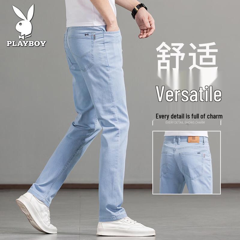 

Мужские летние джинсы Playboy из ледяного шелка, светло-голубые, стрейч, прямые 36