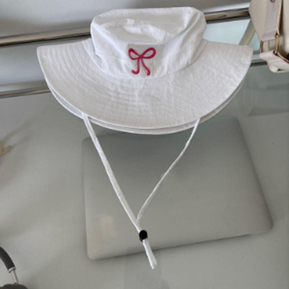 New Cute Pink Bow Strap Bucket Hats for Women 2025 Summer Outdoor Camping Sunscreen Quick Drying Breathable Fishing Caps